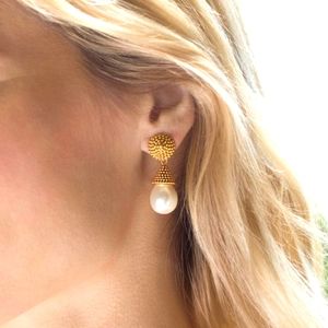 Julie Vos teardrop pearl and 24kt gold statement earrings